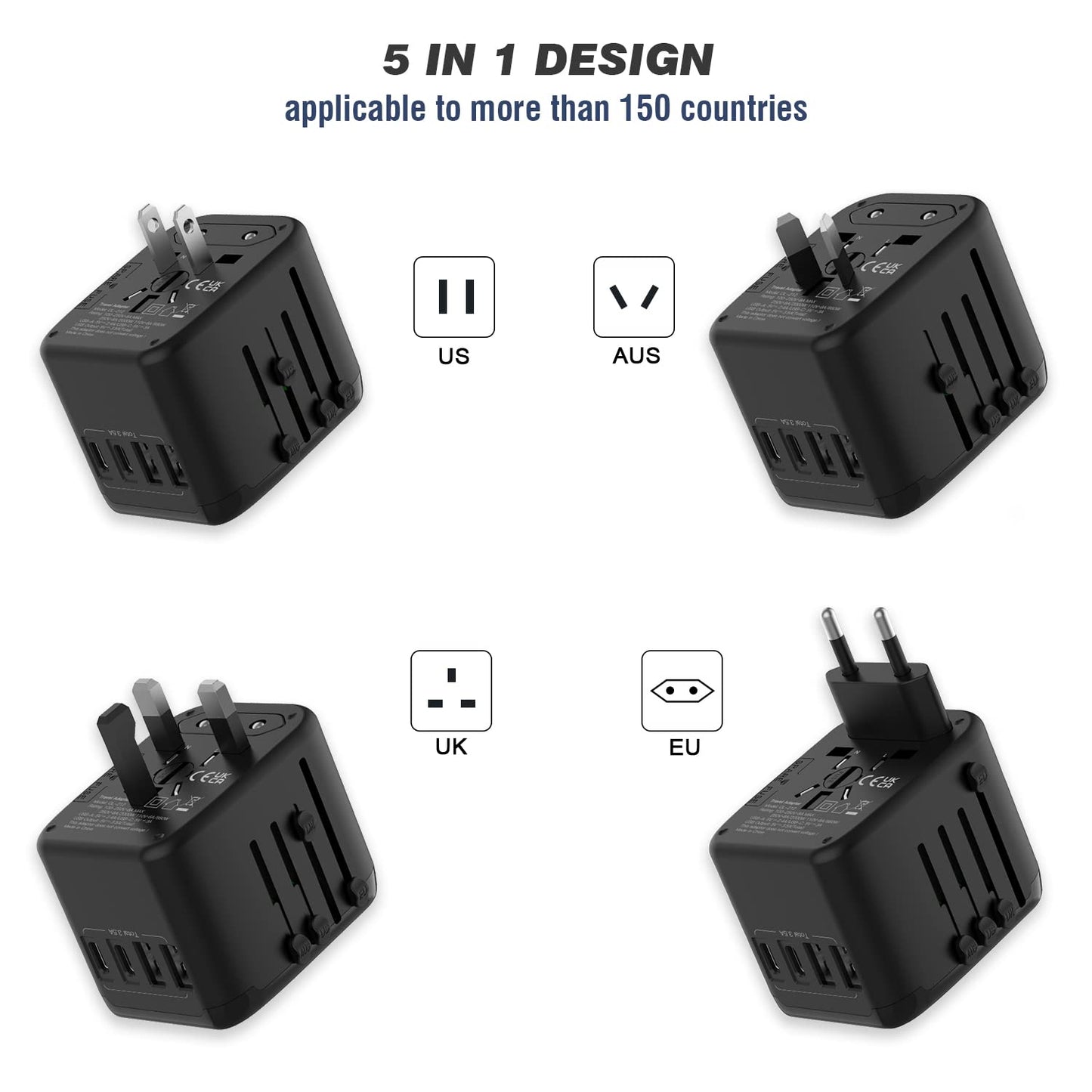 RXSQUL Universal International Power Travel Plug Adapter, 5 in 1 European Travel Plug Adapter W/ 3.5A 2xUSB-A And 2xUSB C Wall Charger and Worldwide AC Outlet for Europe USA UK AUS Asia-Black