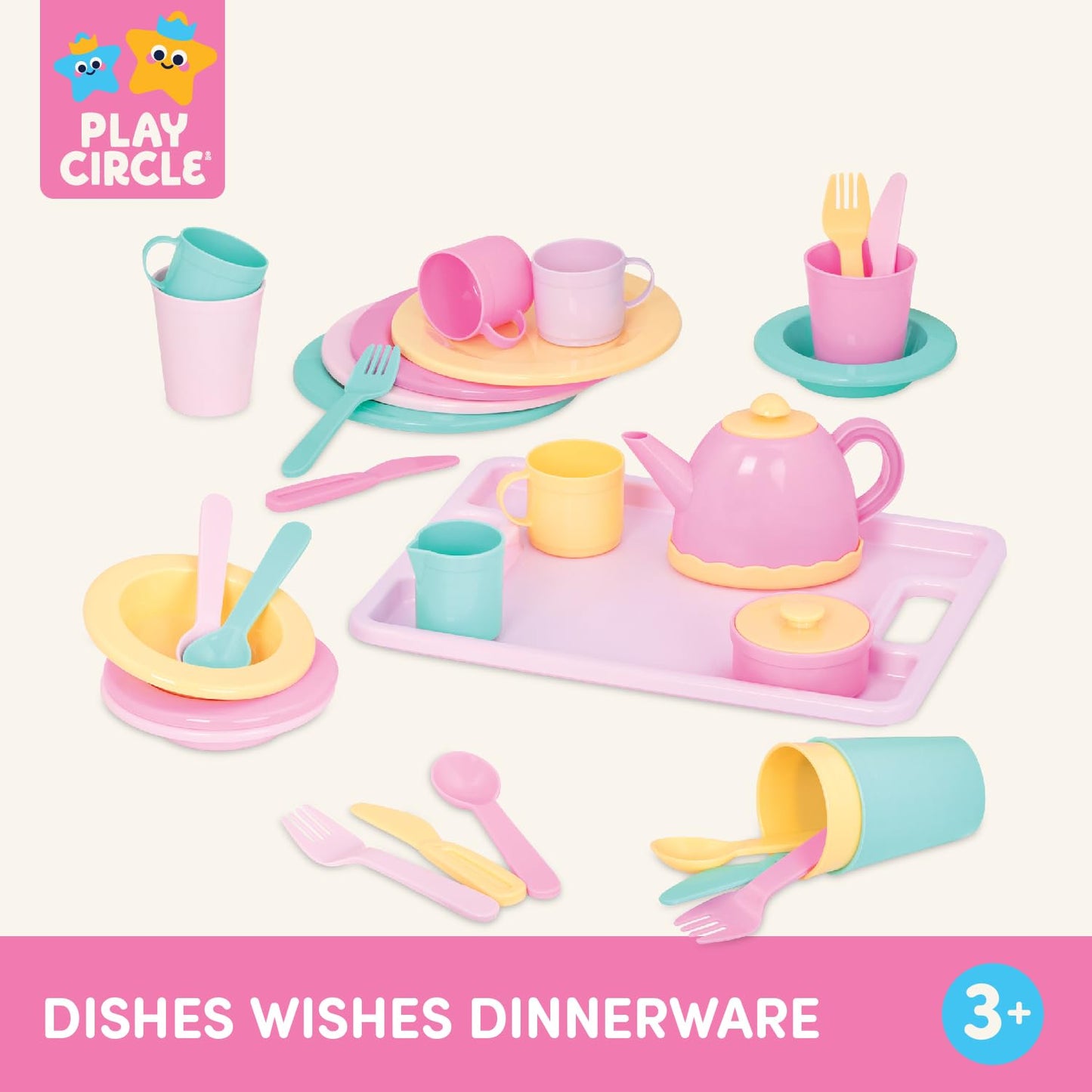 Battat Play Circle Dish Set, Dishes Wishes Dinnerware, 34 Pieces, Playset Battat