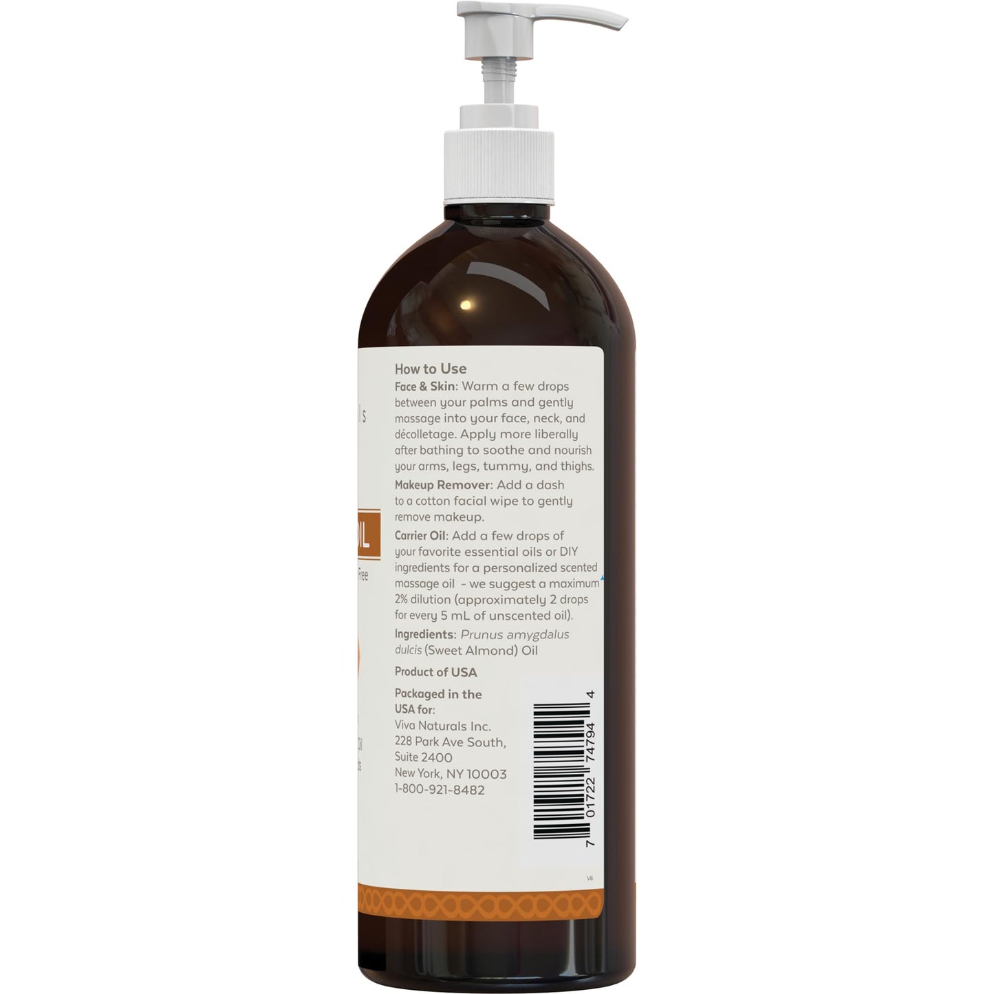 Viva Naturals Sweet Almond Oil – Almond Oil for Skin, Hair & Face, Body Oil After Shower, Body Oil for Dry Skin, Carrier Oil for Essential Oils & Almond Hair Oil, 16 fl oz - Available at All In One Marketplace Canada
