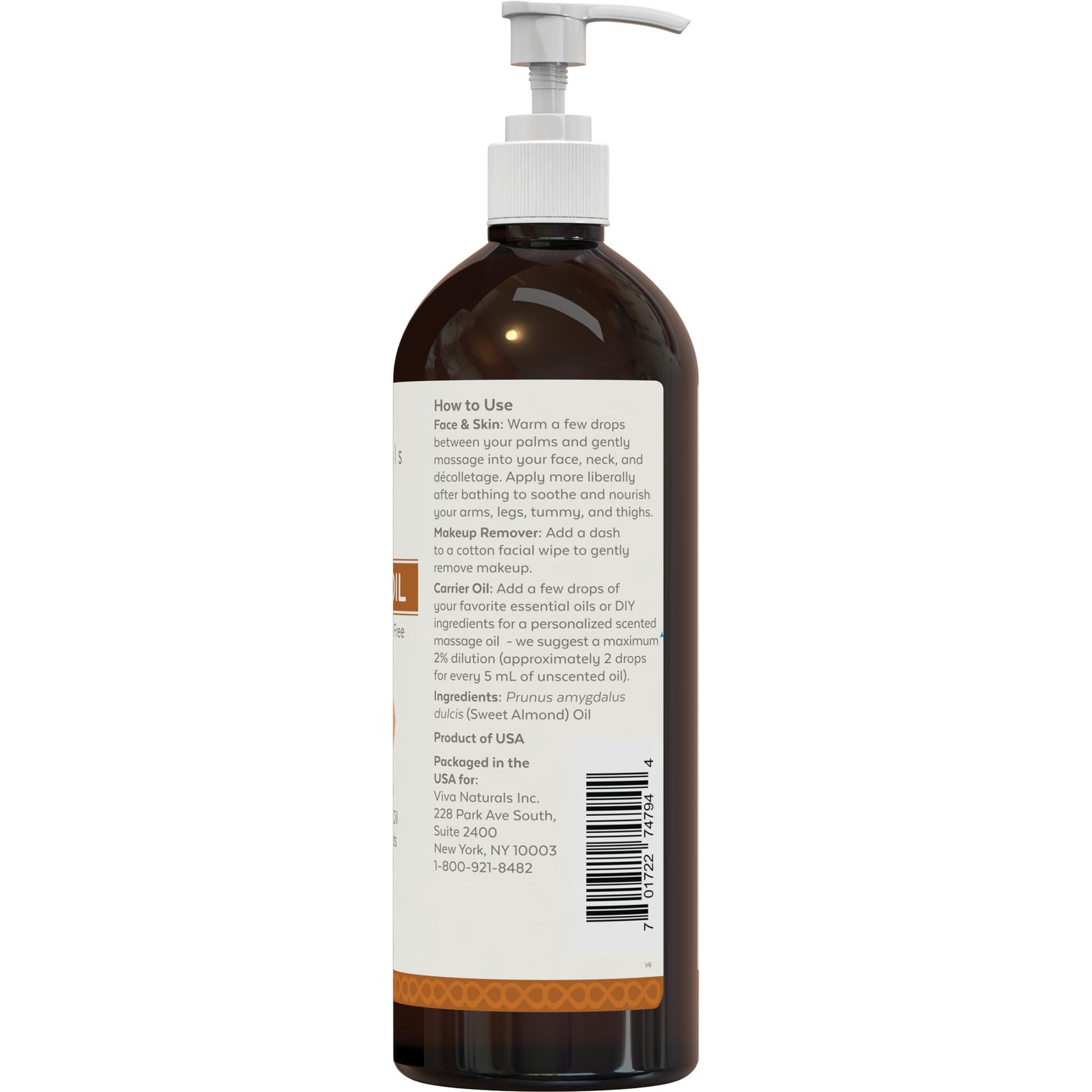 Viva Naturals Sweet Almond Oil – Almond Oil for Skin, Hair & Face, Body Oil After Shower, Body Oil for Dry Skin, Carrier Oil for Essential Oils & Almond Hair Oil, 16 fl oz - Available at All In One Marketplace Canada