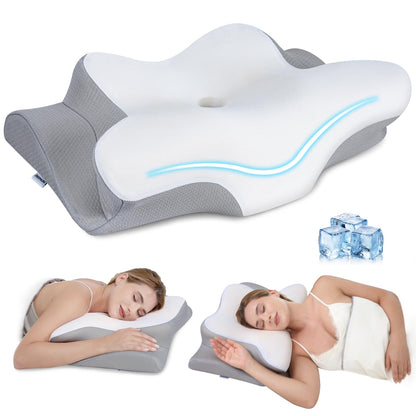 Missleep Cervical Neck Pillow,Memory Foam Pillows for Relieving Neck and Shoulder Pain, Neck Support Pillow for Side Sleepers, 2 Heights Ergonomic Pillow with Breathable Ice Silk Cover White