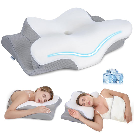 Missleep Cervical Neck Pillow,Memory Foam Pillows for Relieving Neck and Shoulder Pain, Neck Support Pillow for Side Sleepers, 2 Heights Ergonomic Pillow with Breathable Ice Silk Cover White