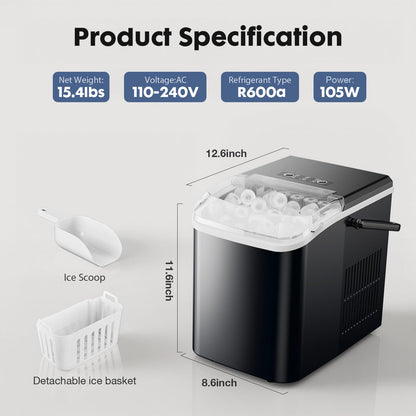 Sweetcrispy Quiet Countertop Ice Maker, 26 lbs per Day, 9 Bullet Ice Cubes in 6 Mins, Portable Ice Machine with Handle, Self-Cleaning, Compact for Home RV Camping Party, Dark Black Sweetcrispy