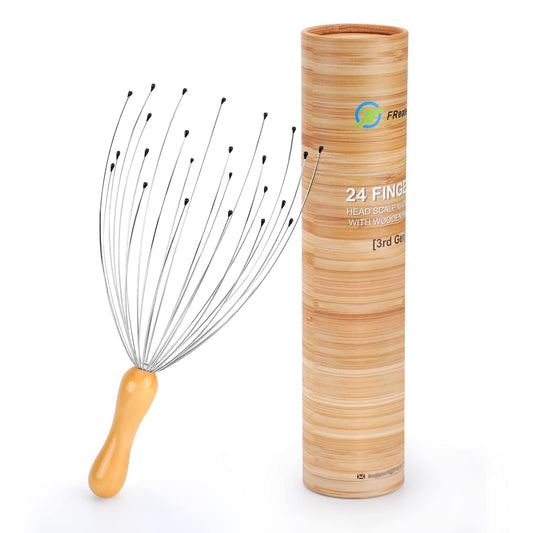 FREATECH 24 Fingers Head Massager Scalp Scratcher with Ergonomic Wooden Handle for Deep Relaxation and Stress Relief, Easy to Hold and Control, Perfect Body Relaxing Massage Tool - Available at All In One Marketplace Canada