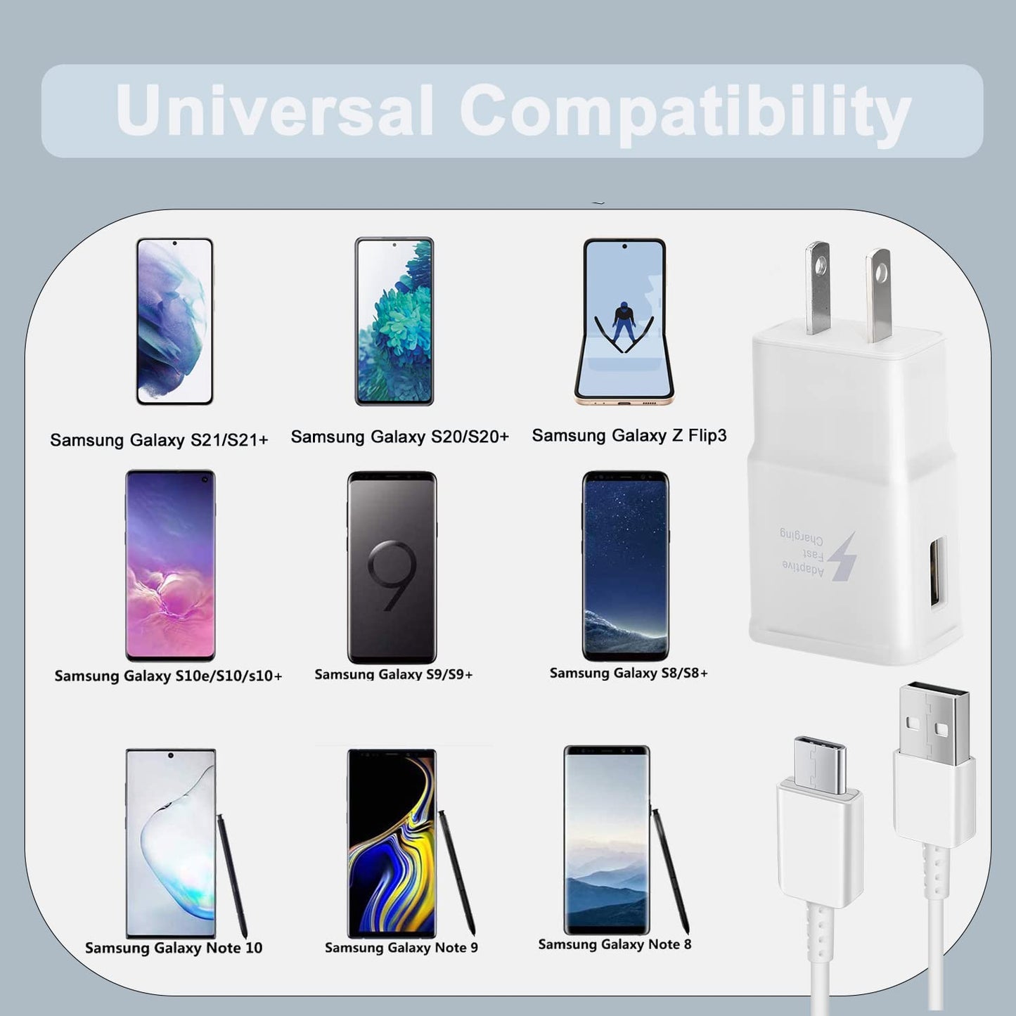 Fast Charging Charger for Samsung Phone, (2 Pack) Powersky Adaptive USB Charger with USB Type C Cable for Galaxy S21, S20, S10, S9, S8, Note10, 9, 8, 7 and A Series, Tablet Charger Chargeur USB C
