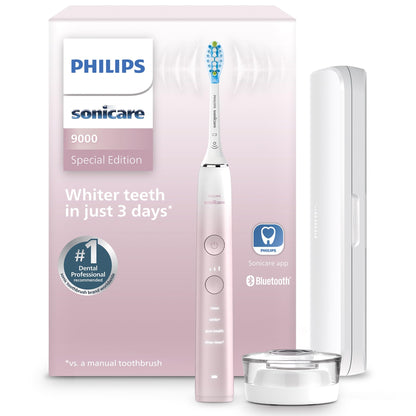 Philips Sonicare DiamondClean 9000 Electric Toothbrush - Sonic Toothbrush with App, Pressure Sensor, 12 Brushing Settings, Brush Head Replacement Reminder, Charging Stand, Travel Case, Pink, HX9911/90