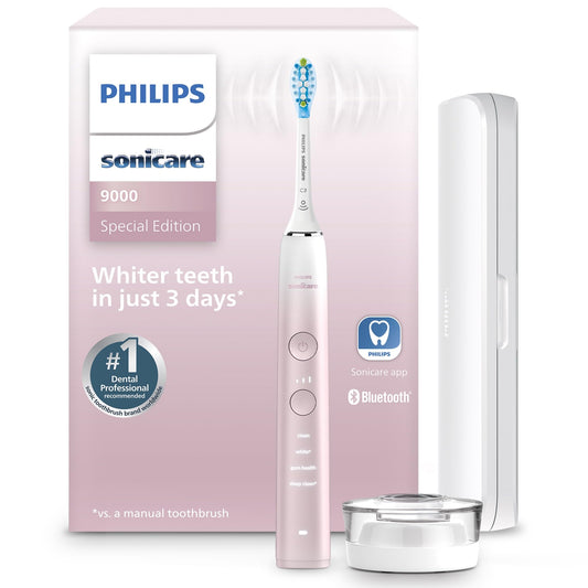 Philips Sonicare DiamondClean 9000 Electric Toothbrush - Sonic Toothbrush with App, Pressure Sensor, 12 Brushing Settings, Brush Head Replacement Reminder, Charging Stand, Travel Case, Pink, HX9911/90
