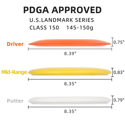 HIAARO Disc Golf Starter Discs Set | U.S. Landmark Series | 150 Class, 145-150g | PDGA Approved | Include 2*Driver 2*Mid-Range 2*Putter 1*Mini Marker - Available at All In One Marketplace Canada