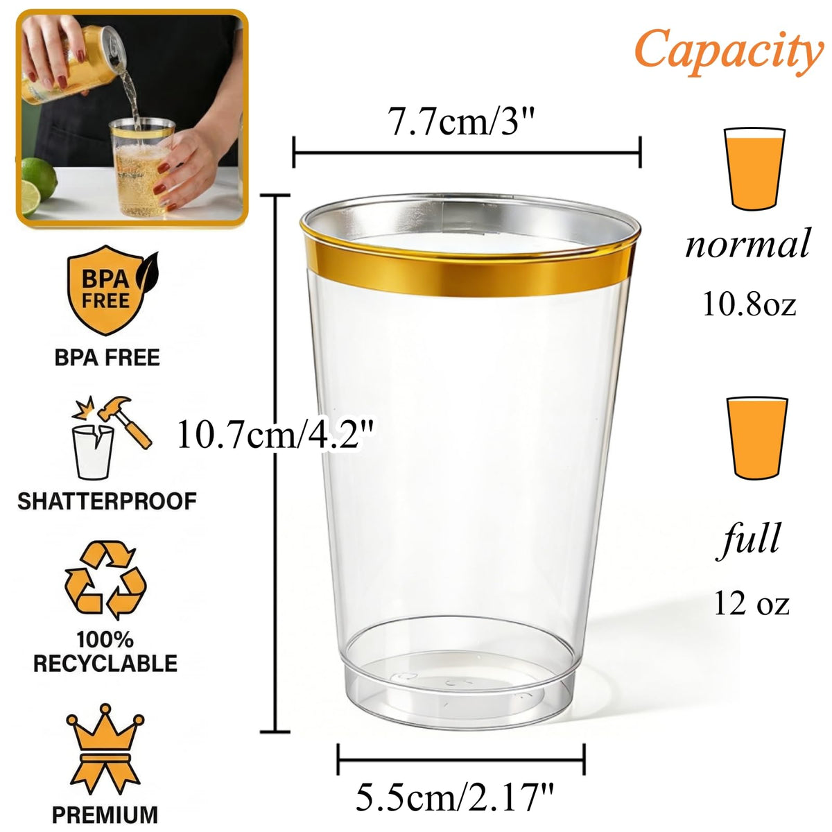 Tebery 100 Pack 12 Oz Gold Plastic Cups, Heavy Duty Clear Wedding Party Tumblers, Reusable BPA-Free Wine Cup with Gold Rim, Cocktail Drinkware for Picnic, BBQ, Camping, Christmas Events 🍁 All In One Marketplace Canada