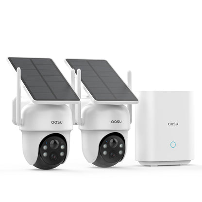 AOSU Security Cameras Outdoor Wireless, 2 Cam-Kit, No Subscription Required, Solar-Powered, Home Security Cameras System with 360° Pan & Tilt, Auto Tracking, 2K Color Night Vision, Easy Setup