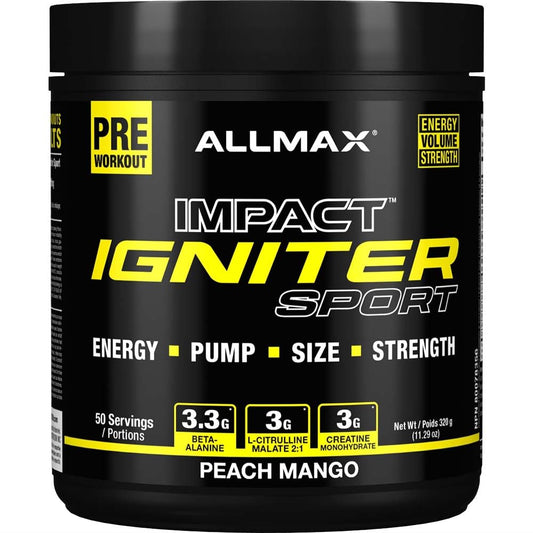 Poudre de pré-entraînement ALLMAX IGNITER Sport, Pêche Mangue, 320 g, 50 portions