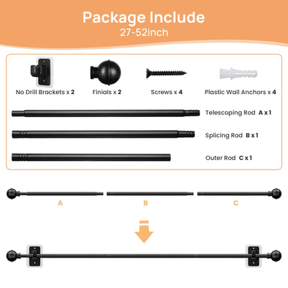 upsimples No Drill Curtain Rods for Window 28 to 48 Inches, 5/8 Inch Diameter Renter Friendly Drapery Rod with Adhesive Brackets without Drilling, Adjustable from 27 to 52 Inches, Black