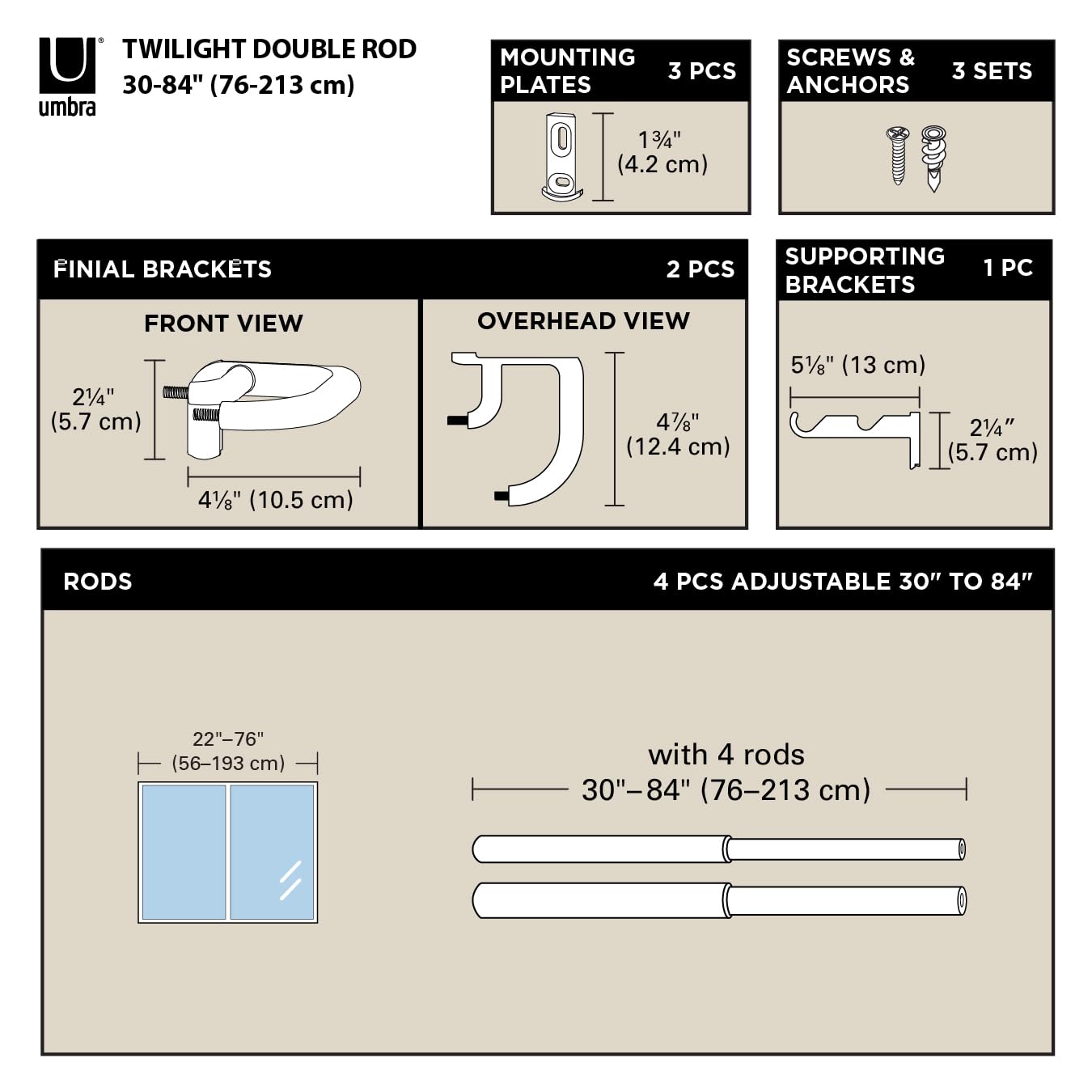 Umbra Twilight Double Curtain Rod Set – Wrap Around Design Ideal for Blackout or Room Darkening Panels, 30 to 84 Inches, Black Umbra