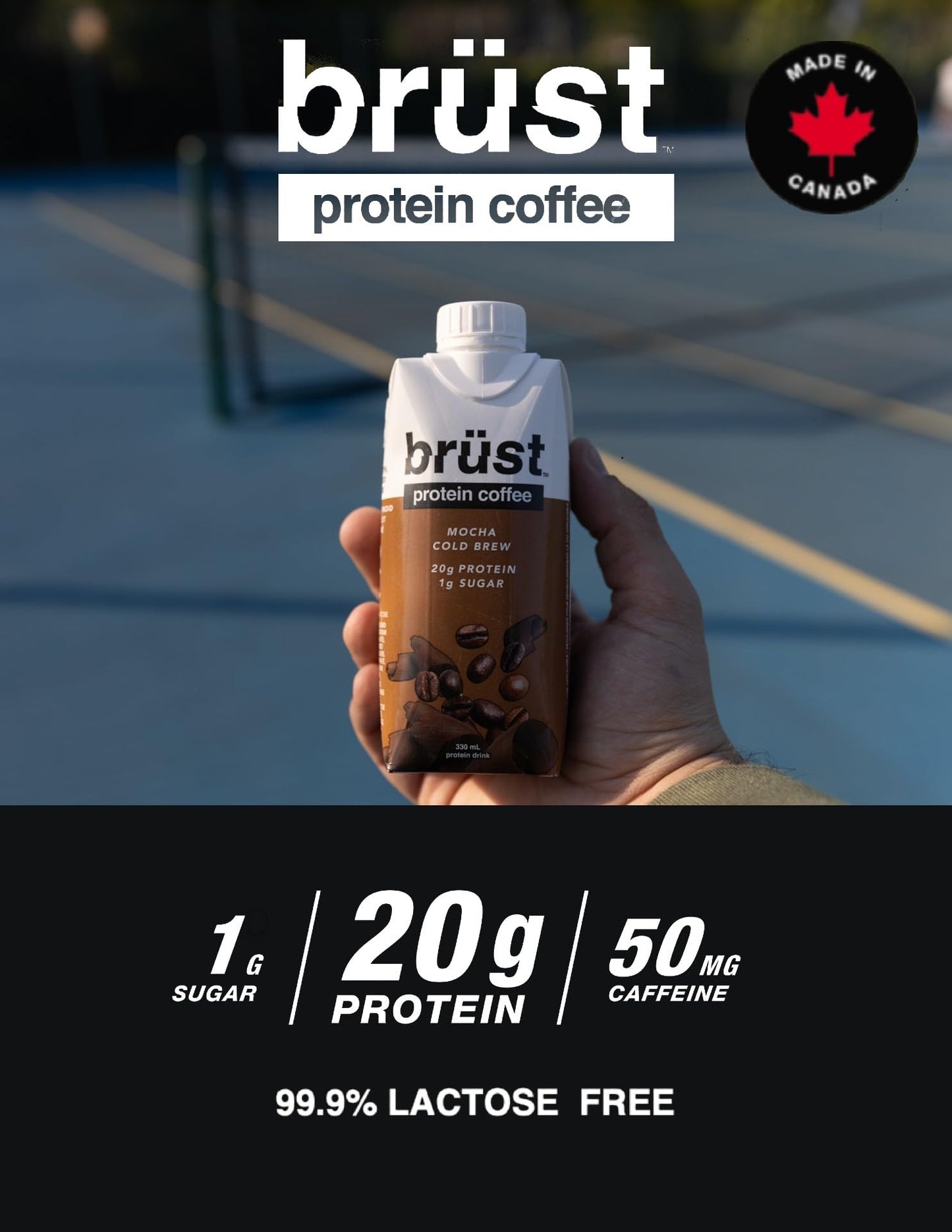 BRÜST Mocha Protein Coffee - Rich Chocolate Flavor with 20g Protein & 50mg Caffeine, 330mL, 12-Pack