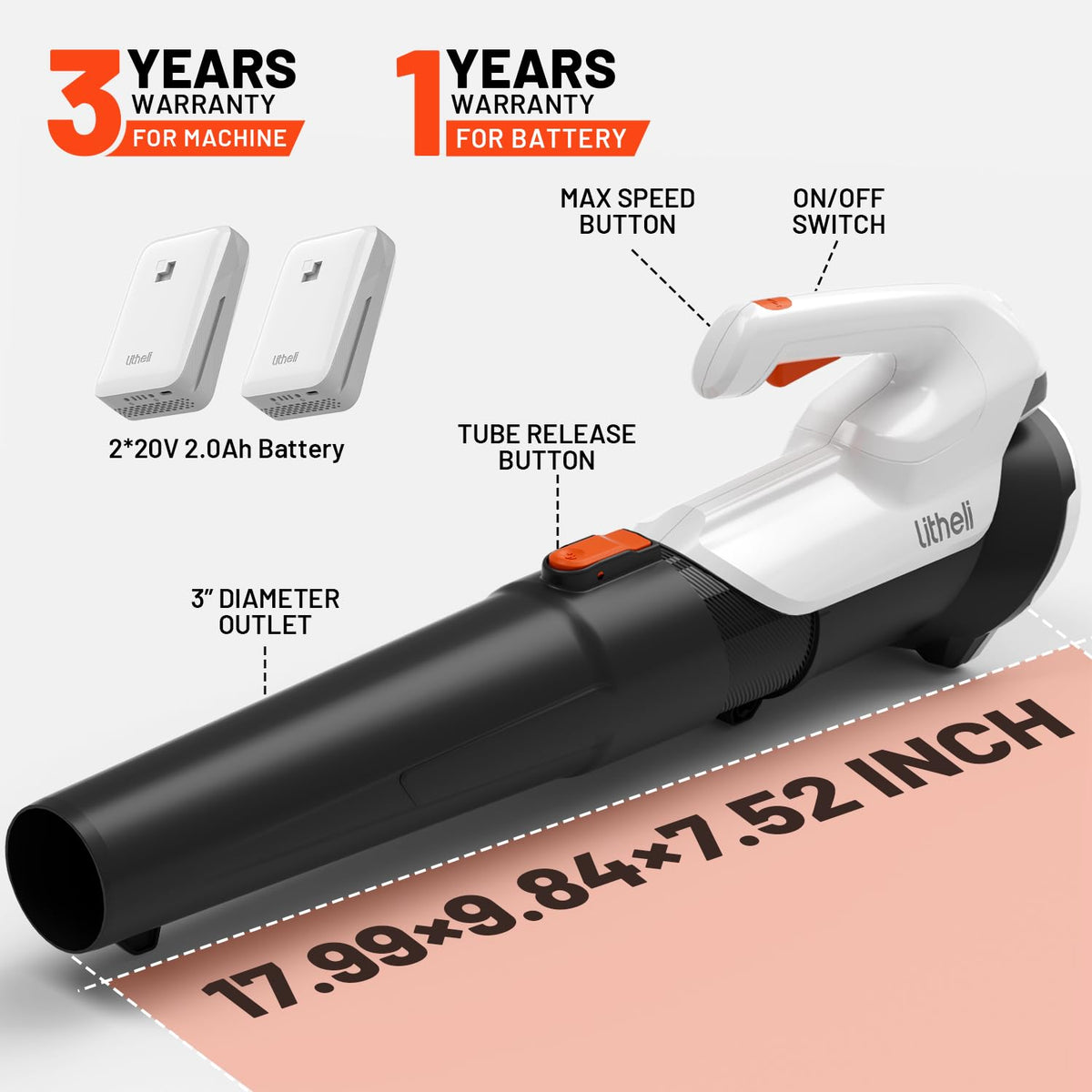 Litheli 20V Cordless Leaf Blower, 355CFM 85MPH 2-Speed, Handheld Electric Blower for Lawn Care Patio Dust Leaf Cleaning, Powered by 2×2.0Ah Batteries