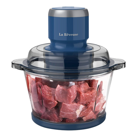 La Reveuse Food Processor,Electric Food Chopper with 7-Cup (1.7L) Glass Bowl, 4 Bi-Level Blades for Chopping,Grinding,Mincing,Whisking,Meal Prep,300W,Blue - Available at All In One Marketplace Canada