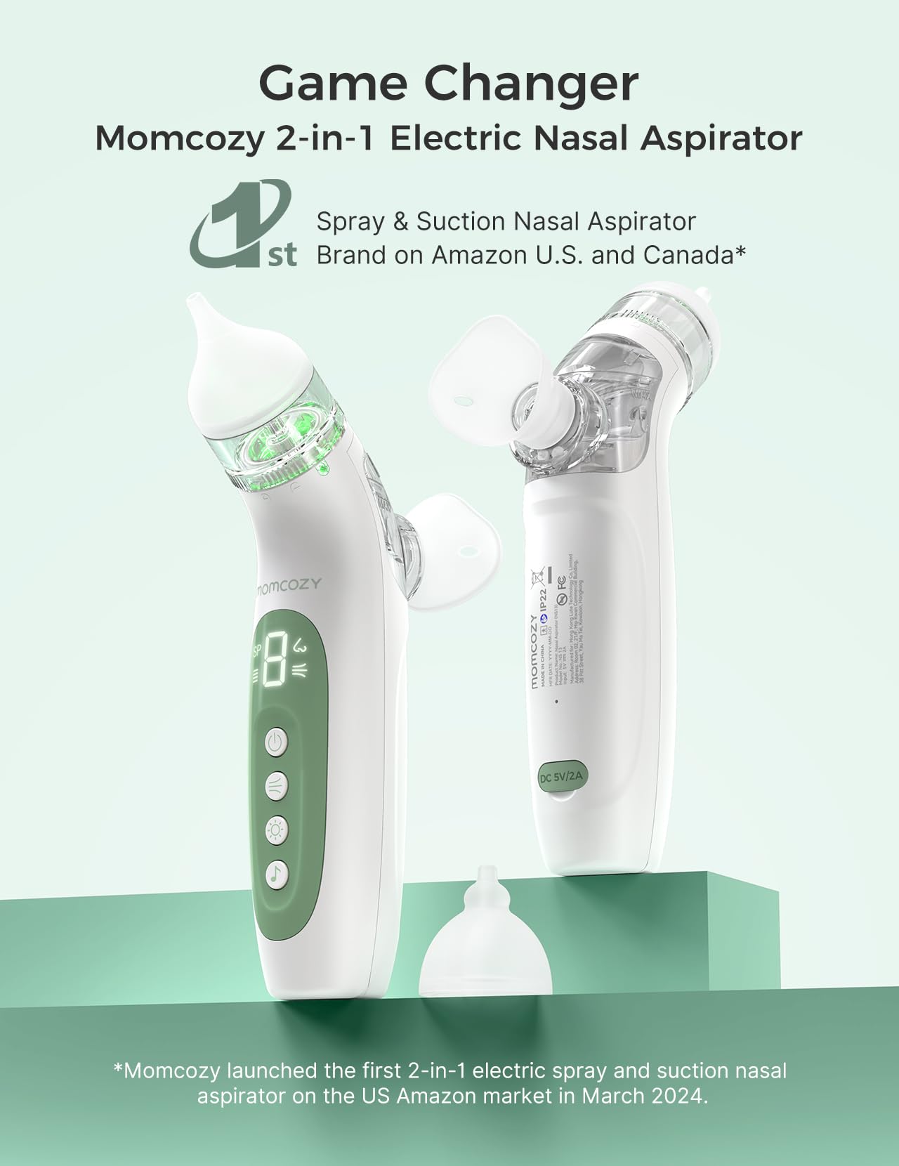 Momcozy BreezyClear™ Aspirateur nasal électrique 2-en-1 avec spray et aspiration pour bébé, 4 niveaux d'aspiration réglables jusqu'à 65kPa (qualité hospitalière), nettoyeur de nez silencieux et portable avec lumière apaisante et musique