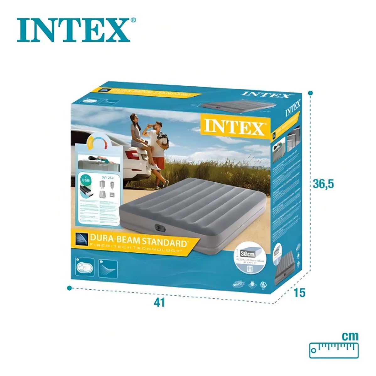 INTEX 64114E Dura-Beam Standard Prestige Air Mattress: Fiber-Tech – Queen Size – Built-in USB Electric Pump – 12in Bed Height – 600lb Weight Capacity Intex