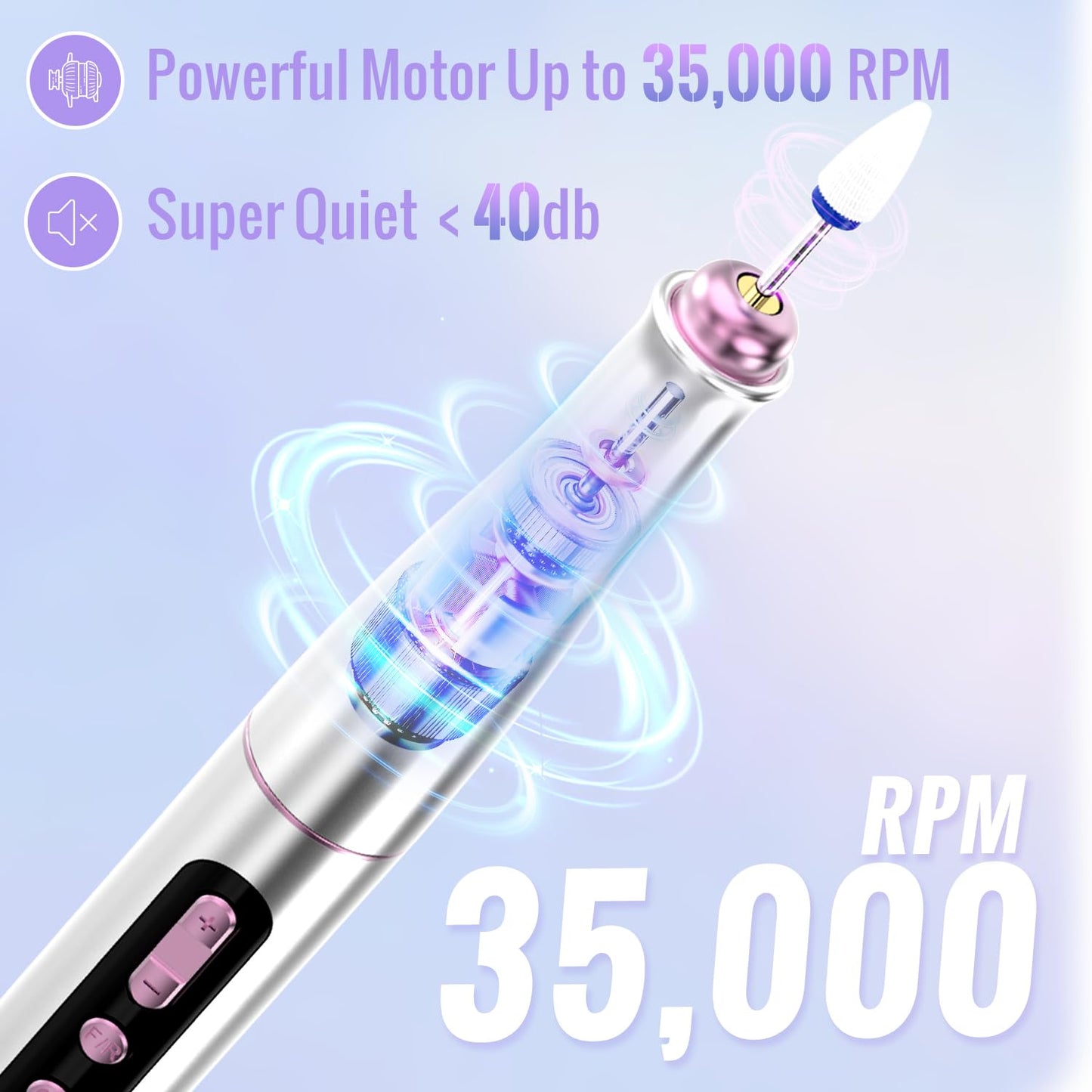 Denabuty Cordless Electric Nail Drill Machine, 13 in 1 Nail File Kit 35000RPM Professional Portable Rechargeable E File for Acrylic Polish Gel Removal Manicure Pedicure Set with 5 Speeds DN-2402 - Available at All In One Marketplace Canada