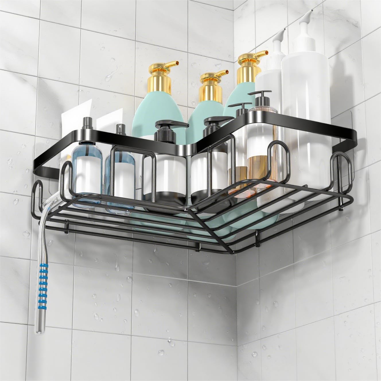 MOFOROCO 3-Pack Shower Caddy Corner Basket Shelf with Soap Holder, No Drilling Traceless Adhesive Shower Wall Shelves, Black Bathroom Shower Storage Organizer（ For 90-degree Right-angle Walls）