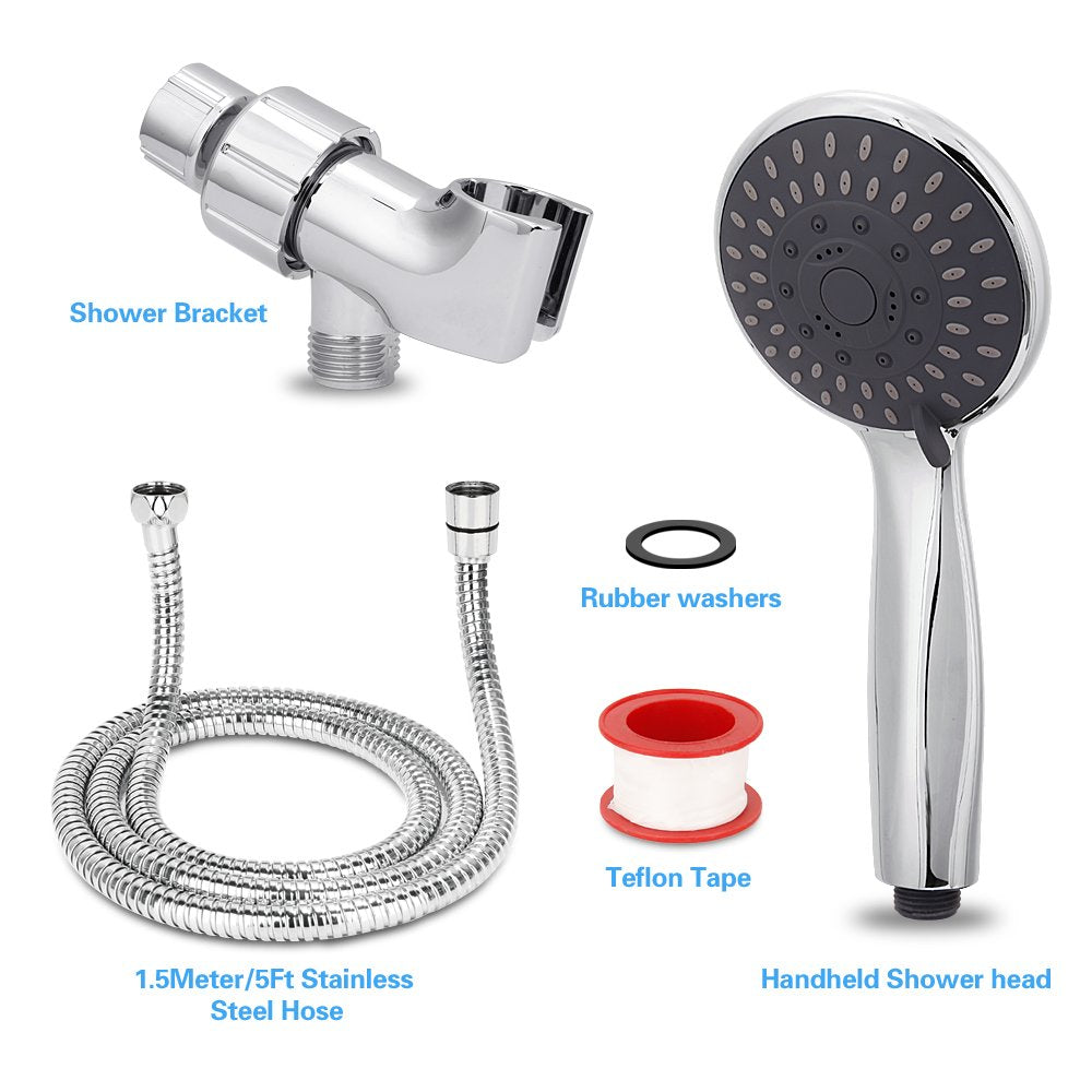 Shower Head, High Pressure Handheld Showerhead with Hose, 5 Settings Chrome Finished Hand Held Rainfall Shower Set- Including Bracket Teflon Washer - Available at All In One Marketplace Canada