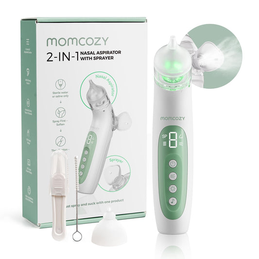 Momcozy BreezyClear™ Aspirateur nasal électrique 2-en-1 avec spray et aspiration pour bébé, 4 niveaux d'aspiration réglables jusqu'à 65kPa (qualité hospitalière), nettoyeur de nez silencieux et portable avec lumière apaisante et musique