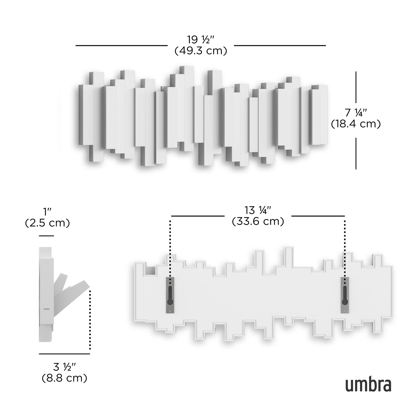 Umbra Sticks Wall-Mounted Coat Rack Rail Hook with 5 Retractable Pegs – Modern, Space-Saving Storage Organizer, White Umbra