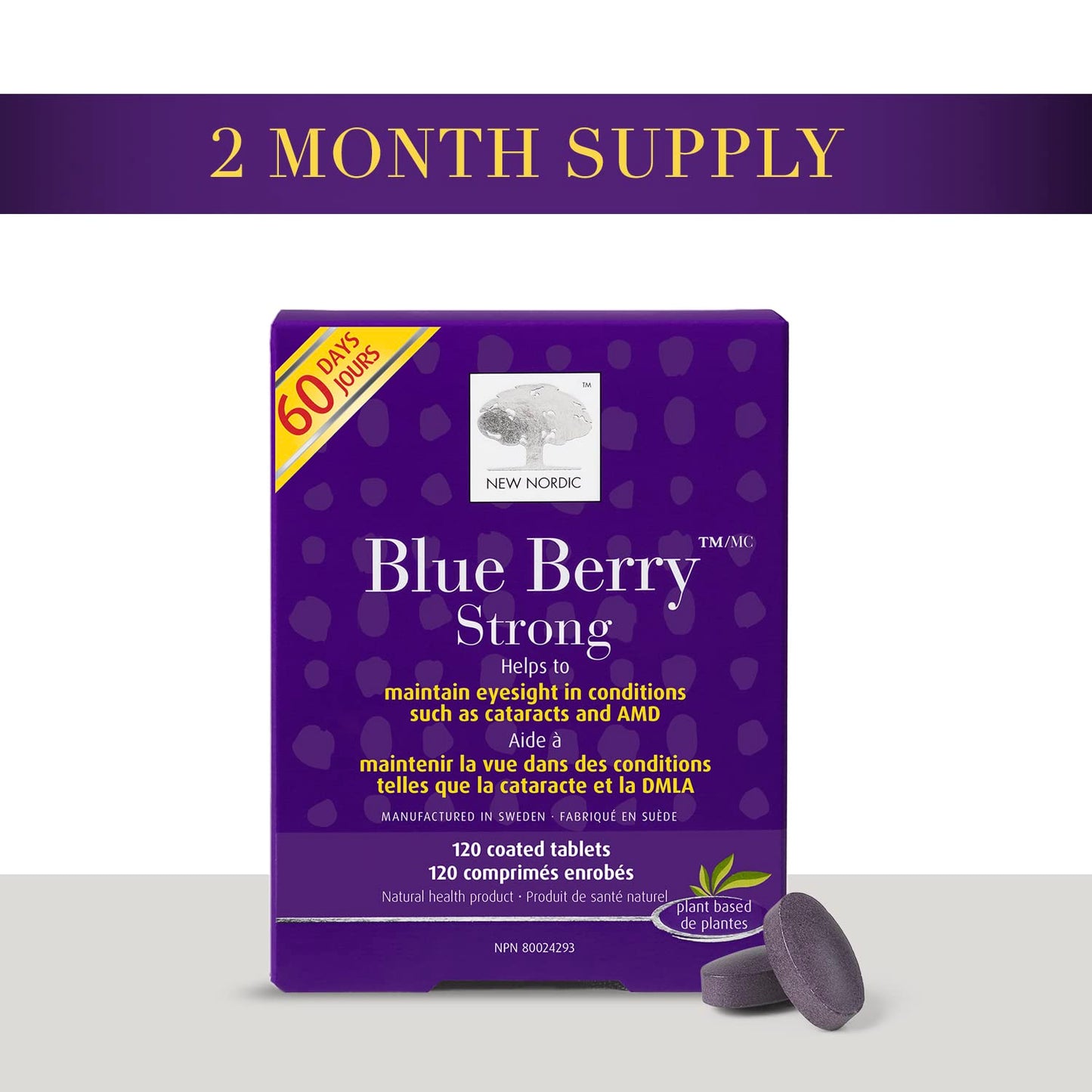 New Nordic Blue Berry Strong 120 Coated Tablets, 60-Day Supply, Vegan Eye Support Supplement with Bilberry & Lutein for Clear Vision & Macular Health - Available at All In One Marketplace Canada