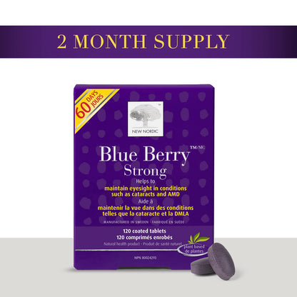 New Nordic Blue Berry Strong 120 Coated Tablets, 60-Day Supply, Vegan Eye Support Supplement with Bilberry & Lutein for Clear Vision & Macular Health - Available at All In One Marketplace Canada