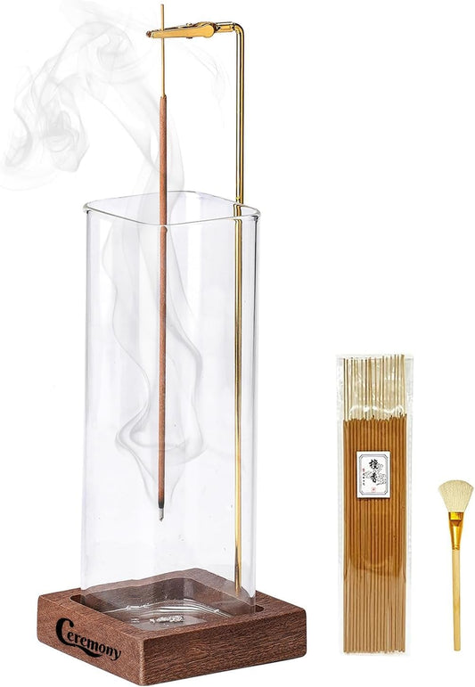 Ceremony Incense Holder, Wooden Incense Holder for Sticks with Glass Ash Catcher, Anti-ash Incense Burner with a Ash Brush for Meditation Yoga Spa Room Decor - Available at All In One Marketplace Canada