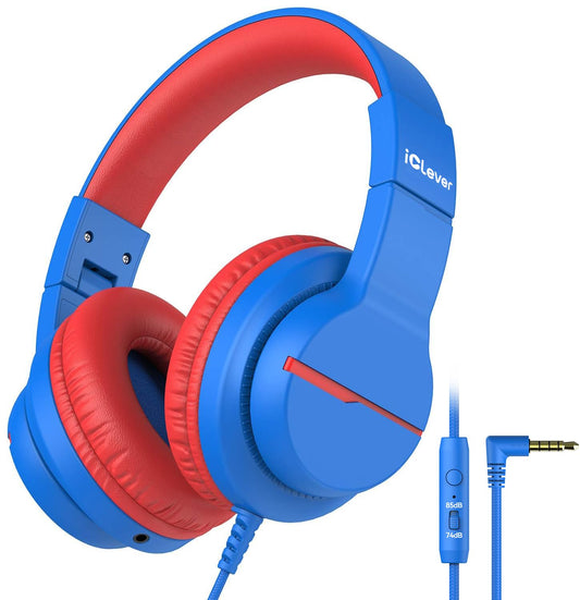 iClever HS19 Kids Headphones with Microphone for School, Volume Limiter 74/85dBA, Over-Ear Girls Boys Headphones for Kids with Shareport, Foldable Wired for iPad/Fire Tablet/Travel, Blue