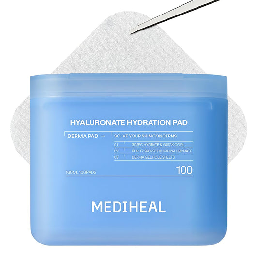 MEDIHEAL Hyaluronic Acid Toner Pads – Korean Skin Care, 99% Pure Low-Molecular Hyaluronic Acid with 8 HA Types & Glucose Hydro Complex, Deep Hydration & Cooling Care, Gel Hole Fabric, 100 pads