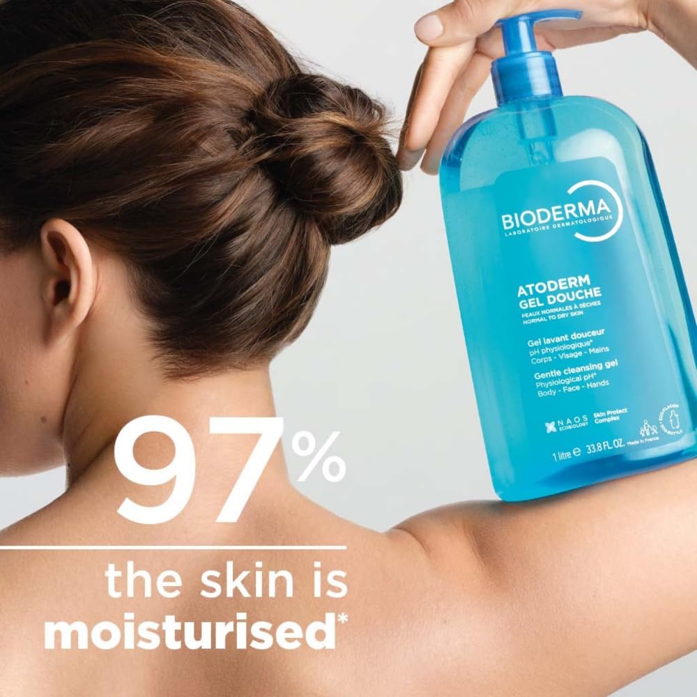 Bioderma Atoderm Hydrating Shower Gel, Moisturizing Face and Body Cleanser, Body Wash for Normal to Dry Sensitive Skin, 1L - Available at All In One Marketplace Canada