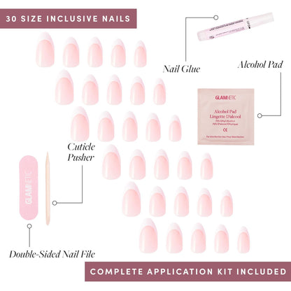 Glamnetic Press On Nails - Ma Damn | French Tip Nails, UV Finish Short Pointed Almond Shape, Reusable Semi-Transparent Nails in 12 Sizes - 24 Nail Kit with Glue - Available at All In One Marketplace Canada