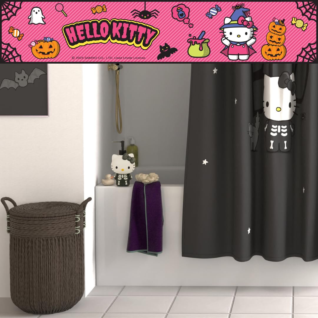Ensemble de rideau de douche Hello Kitty squelette d'Halloween Sanrio de 13 pièces, rideau en tissu de 183 x 183 cm avec crochets, décoration de salle de bain, lavable en machine (produit sous licence officielle à 100 %) par Franco Collectibles
