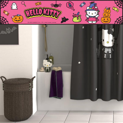 Ensemble de rideau de douche Hello Kitty squelette d'Halloween Sanrio de 13 pièces, rideau en tissu de 183 x 183 cm avec crochets, décoration de salle de bain, lavable en machine (produit sous licence officielle à 100 %) par Franco Collectibles