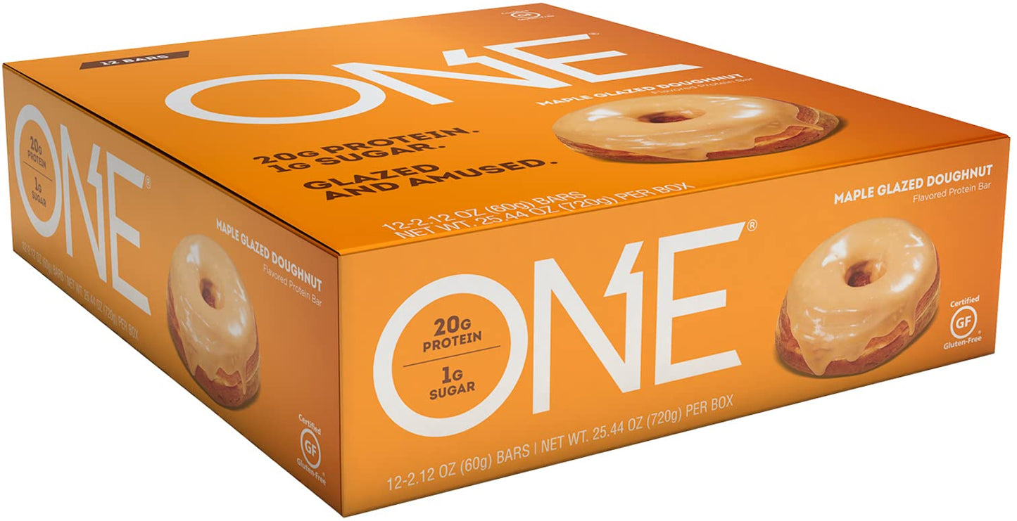 ONE Protein Bars, Maple Glazed Doughnut, Gluten Free Protein Bars with 20g Protein and only 1g Sugar, Snacking for High Protein Diets, 60g (12 Pack) [Packaging May Vary] - Available at All In One Marketplace Canada