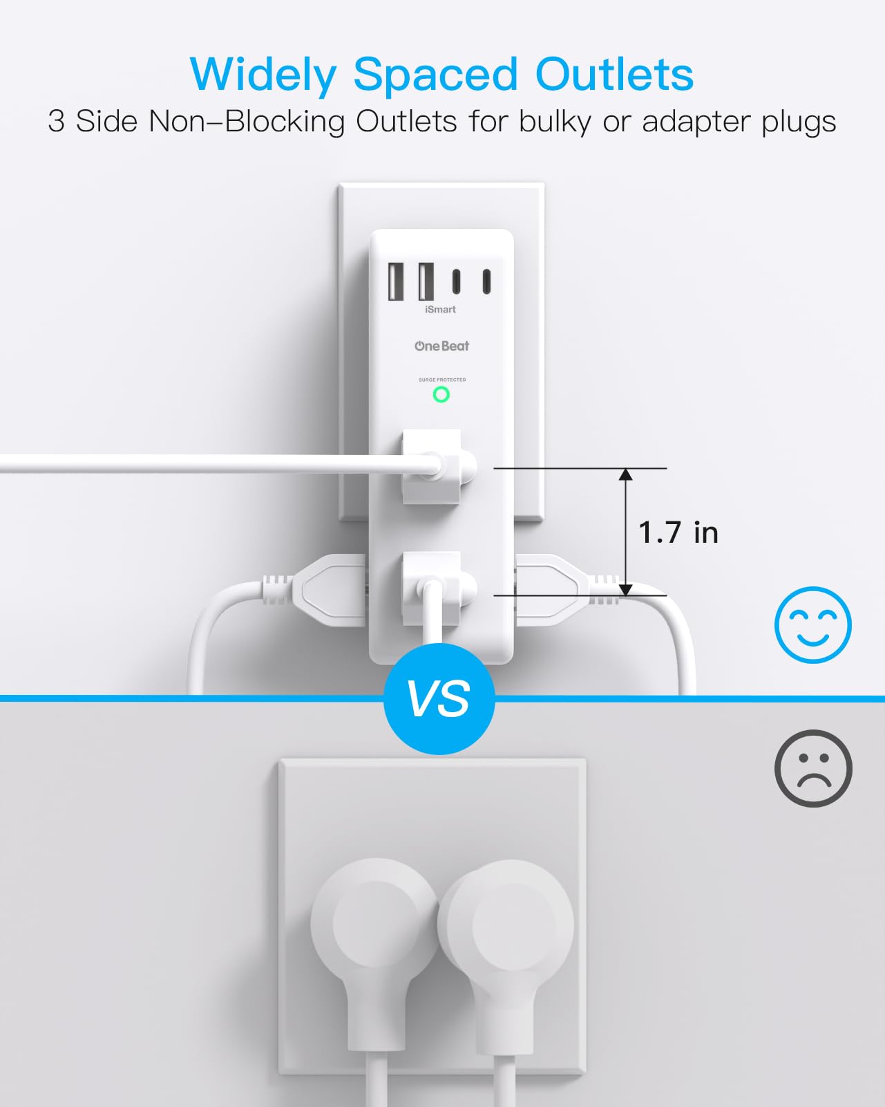 Surge Protector Outlet Extender - with Rotating Plug, 6 AC Multi Plug Outlet with 4 USB Ports (2 USB C), 1800 Joules, 3-Sided Swivel Power Bar with Spaced Splitter for Home, Office, Travel