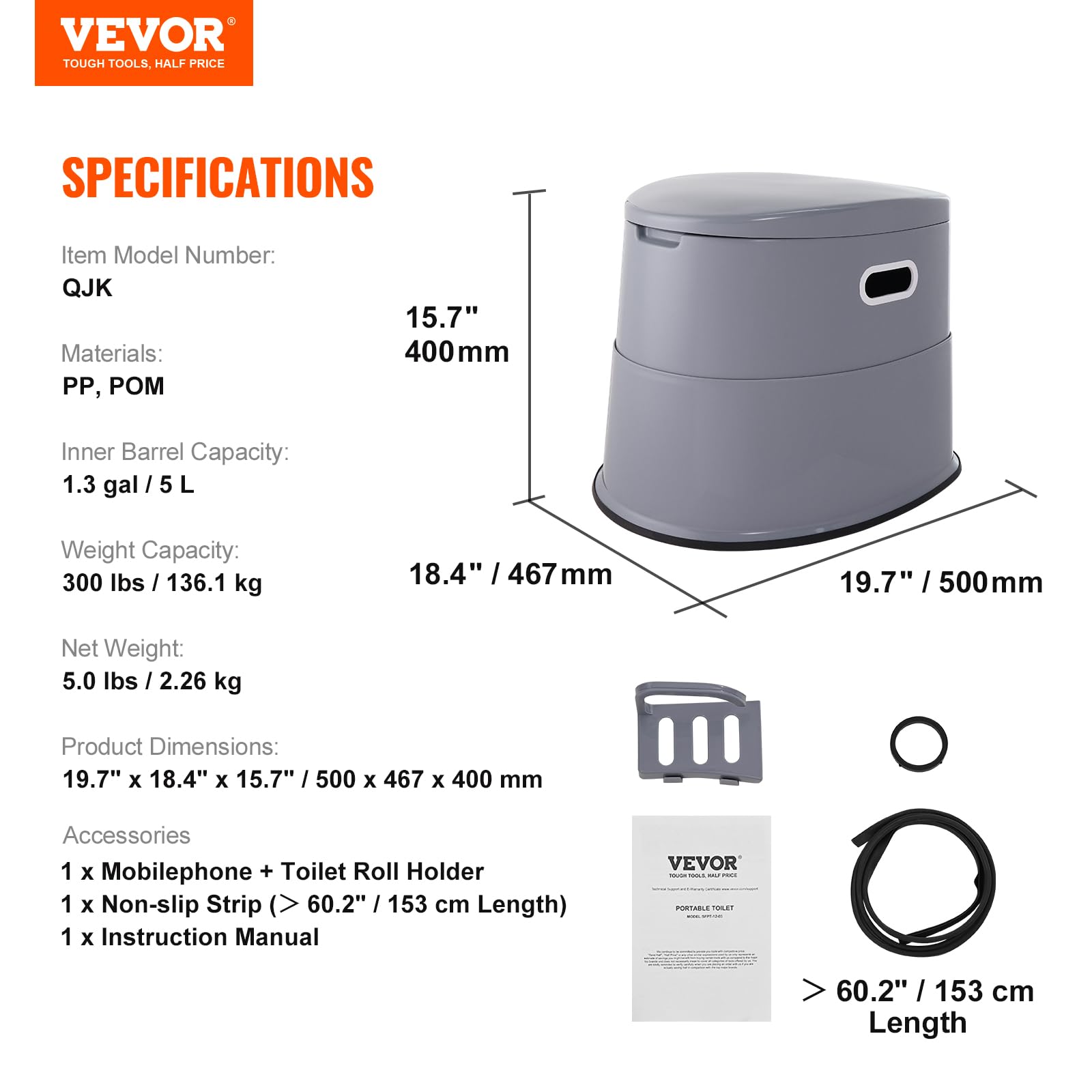 VEVOR Portable Toilet for Camping, Porta Potty with 1.3 Gal Detachable Inner Bucket & Removable Paper Holder, Commode with Dual Lids, Travel Toilet for Adults Kids Outdoor Camping Car Long Road Trips VEVOR