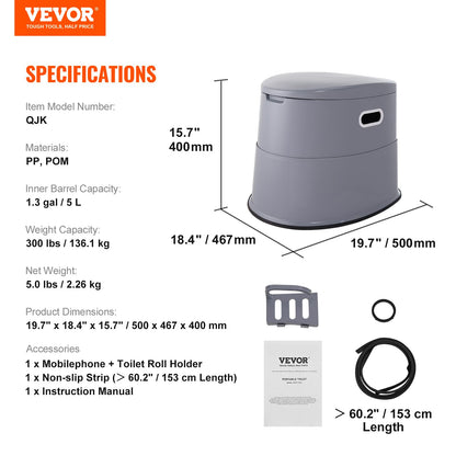 VEVOR Portable Toilet for Camping, Porta Potty with 1.3 Gal Detachable Inner Bucket & Removable Paper Holder, Commode with Dual Lids, Travel Toilet for Adults Kids Outdoor Camping Car Long Road Trips VEVOR