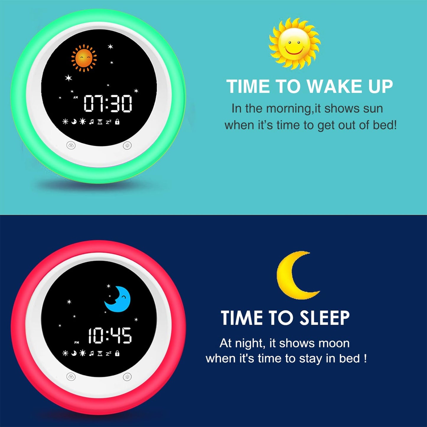 I.Code Sun & Moon Rise Kids Alarm Clock, Children's Sleep Trainer, Sleep Sound Machine, Wake Up Light & Night Light, Teach Kids Day & Night - Available at All In One Marketplace Canada
