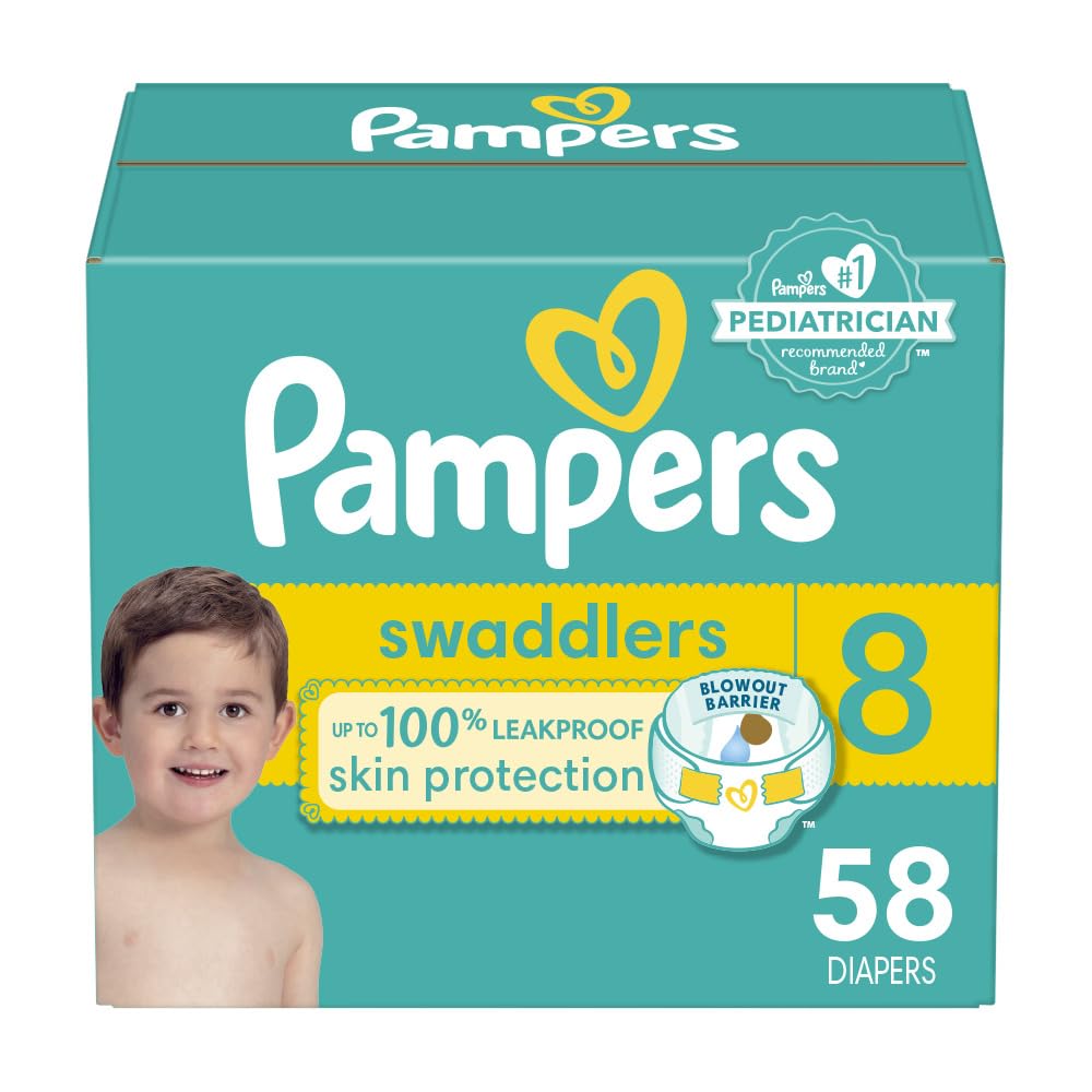 Couches Pampers Swaddlers, Taille T8, Absorbantes, Gardent Bébé au Sec et Confortable, Couches Jetables Sûres pour la Peau de Bébé, 1 Paquet (58 Couches)