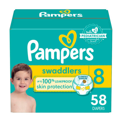 Couches Pampers Swaddlers, Taille T8, Absorbantes, Gardent Bébé au Sec et Confortable, Couches Jetables Sûres pour la Peau de Bébé, 1 Paquet (58 Couches)