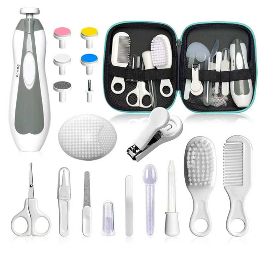 Baby Grooming Kit - 19 in 1 Nursery Essentials Baby Registry Shower Gift for Newborns, Infants, Toddlers, Boys, Girls Kids-Safety Baby Comb, Brush, Finger Toothbrush, Nail Clippers, Scissors(Grey White)