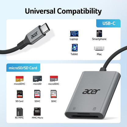 Acer USB C SD Card Reader, Sturdy Micro SD Card Adapter (Durable Nylon, No Block), High-Speed Type C Camera Memory Card Reader Compatible with MacBook Neo(A18 Pro), iPhone 16, Galaxy, USB-C Tablet