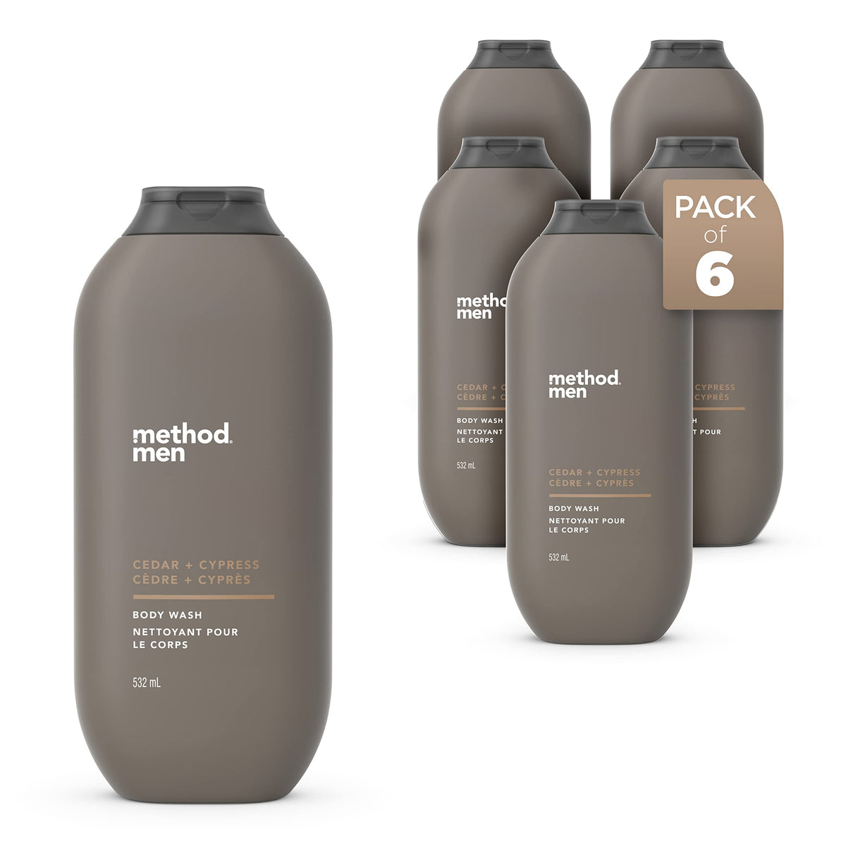 Method Mens Body Wash, Shower Gel and Body Soap that Revitalises and Refreshes the Skin for a Deep Clean, Warm and Woody Cedar + Cypress Scent, 532 ml Bottles, 6 Pack