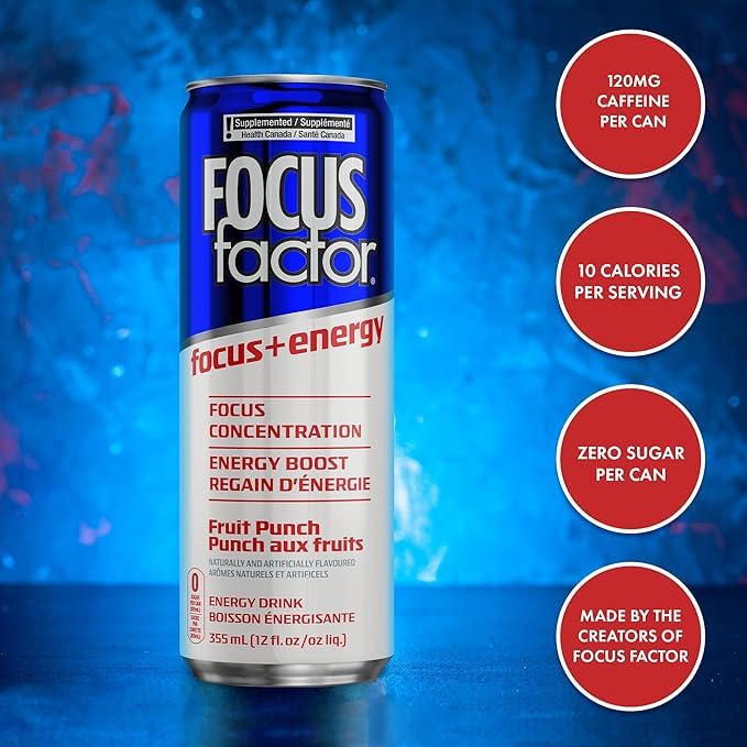 Focus Factor Energy Drink - Fruit Punch - 12 Pack (355ml Cans) | Sugar-Free, B-Vitamin Enhanced