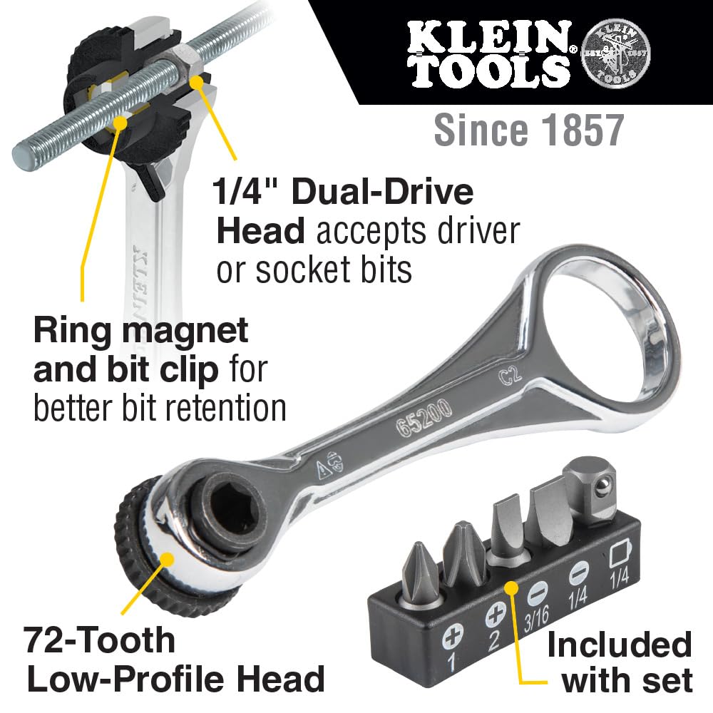 Klein Tools 65200 Ratchet Set, 5-Piece Mini Ratchet Set with Phillips, Slotted, and Adapter for Other Socket Sizes, for Tight Spaces