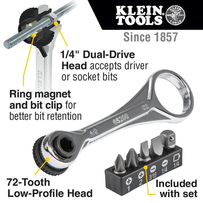 Klein Tools 65200 Ratchet Set, 5-Piece Mini Ratchet Set with Phillips, Slotted, and Adapter for Other Socket Sizes, for Tight Spaces