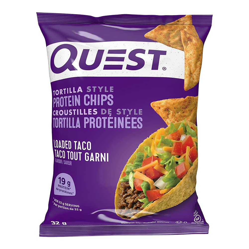 Quest Nutrition Tortilla Style Protein Chips, Loaded Taco, High Protein, Baked, Not Fried, Gluten Free, 1g Sugar, 5g Carbs, 8ct